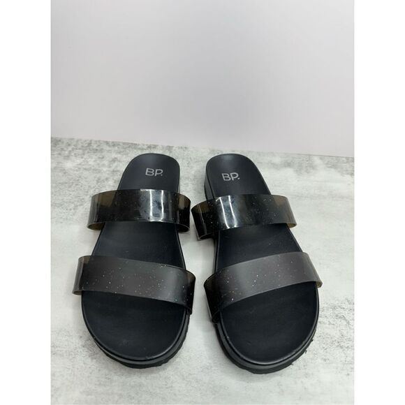 BP Sandals‎ Womens Size 7 Black Double Strap Open Toe Slip On Glittery Slides - Picture 1 of 9